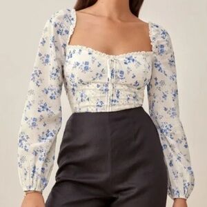 REFORMATION Isadora Blouse Top in Khloe Blue and White Floral Print Size 0
